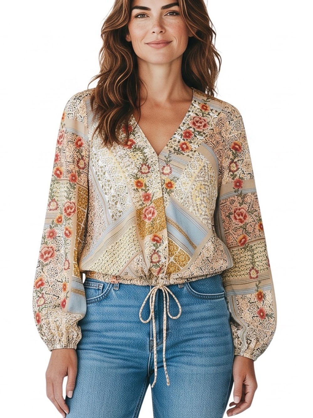 Savanna Jane Boho-Inspired Floral Patchwork Wrap Long Sleeve Blouse Size Medium
